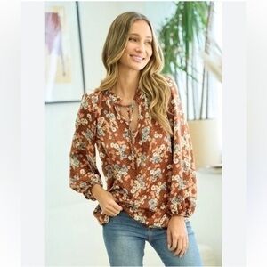 Cute Beige Floral Print Semi Sheer Cold Shoulder Long Sleeve Blouse Size Small